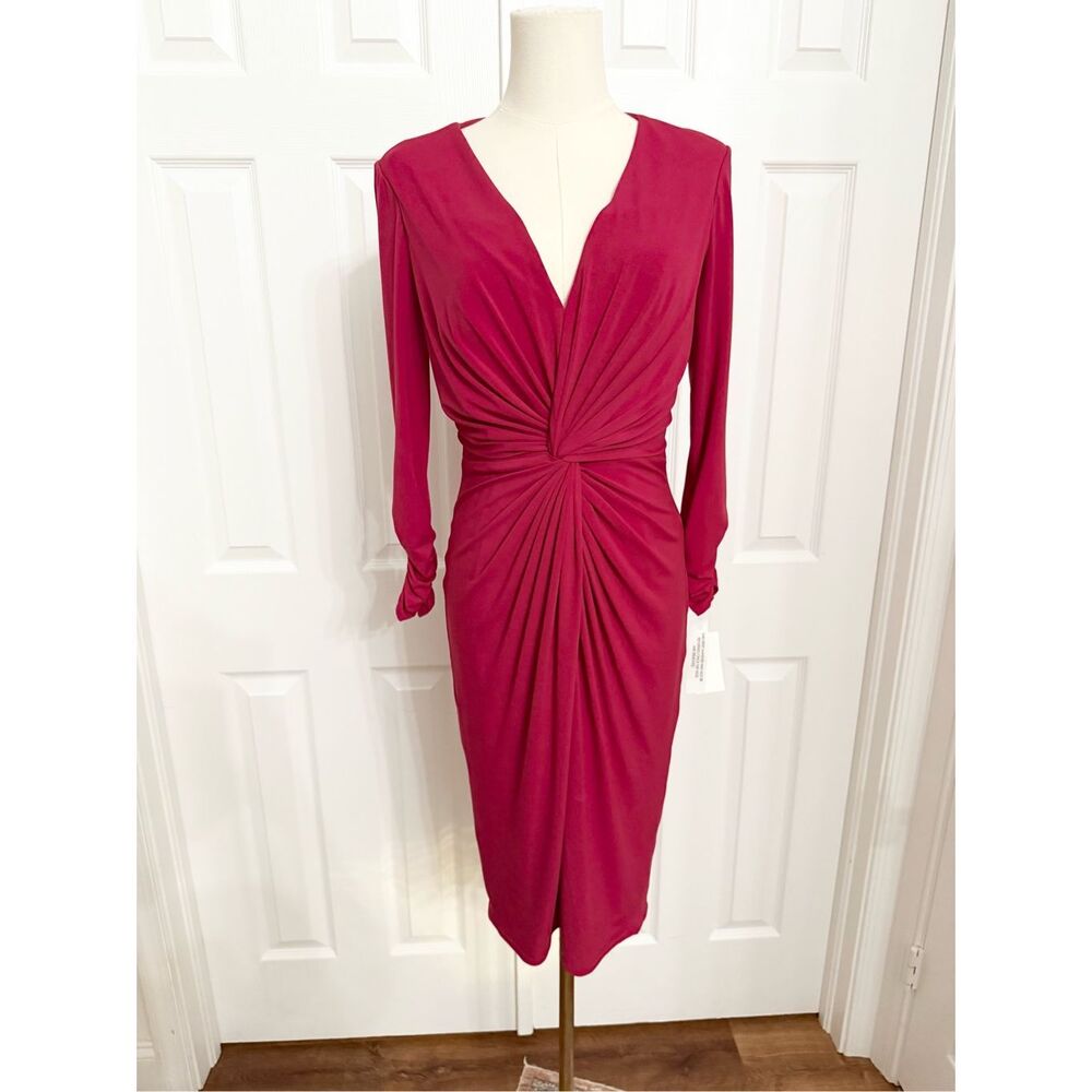NWT Tadashi Collection Lipstick Red Twist Ruched Long Sleeve Bodycon Dress XS